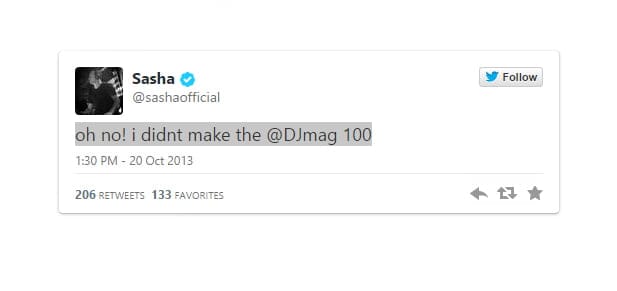SASHA: oh no! i didnt make the @DJmag 100