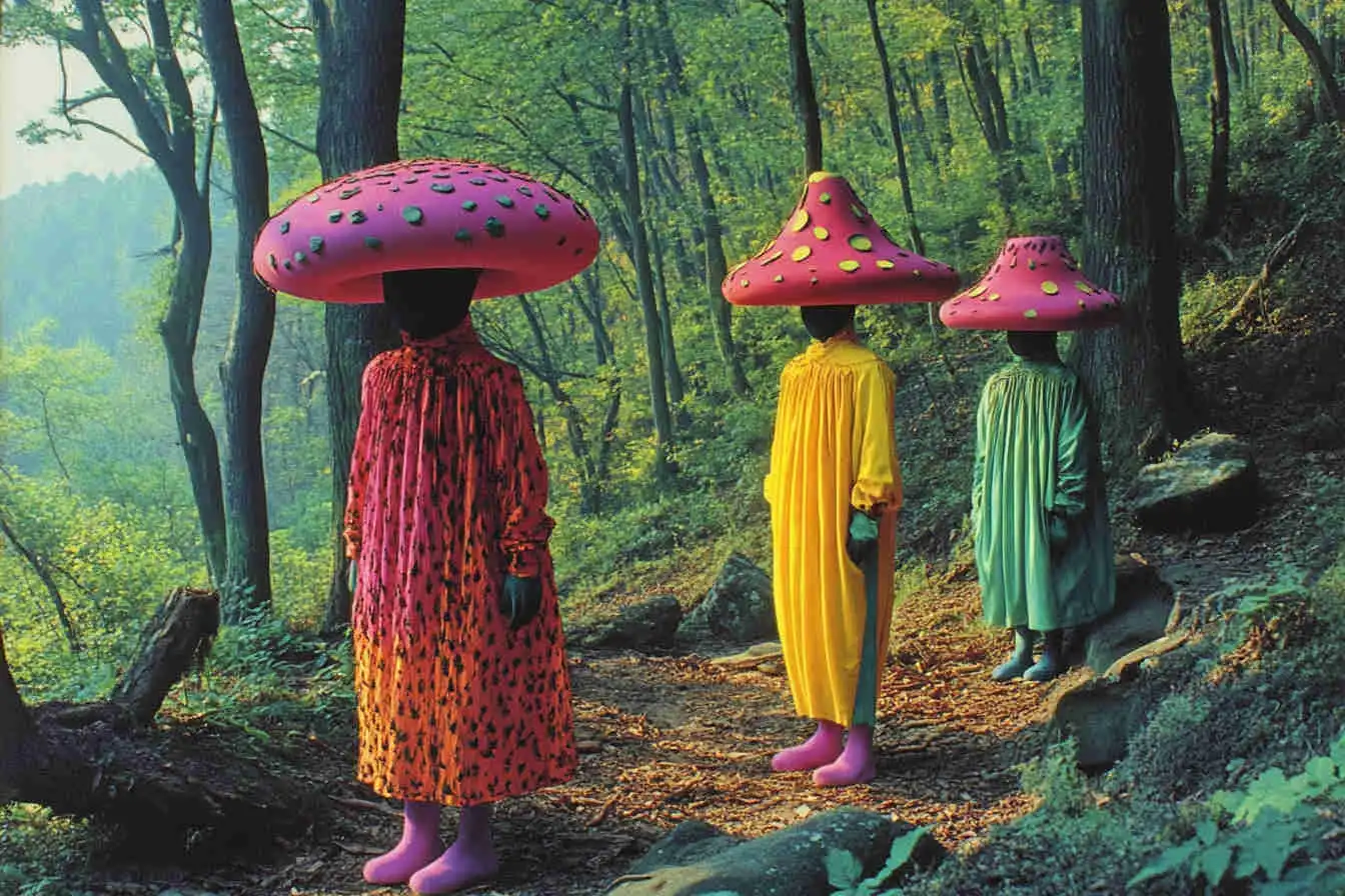 El festival Donde Las personas van Disfrazadas Como Hongos Gigantes.